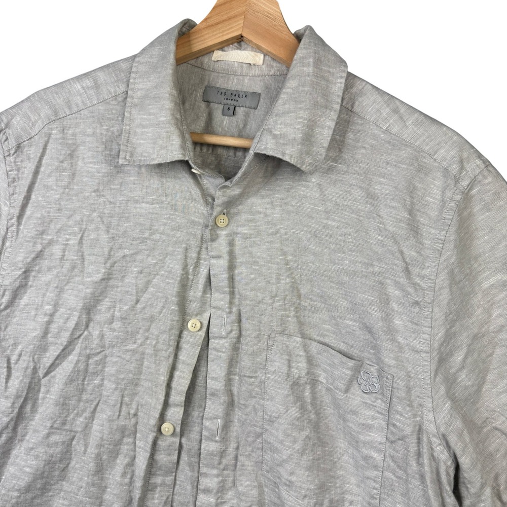 Ted Baker London Addle Grey Linen Cotton Short Sleeve Button Up Shirt Mens 5 XL